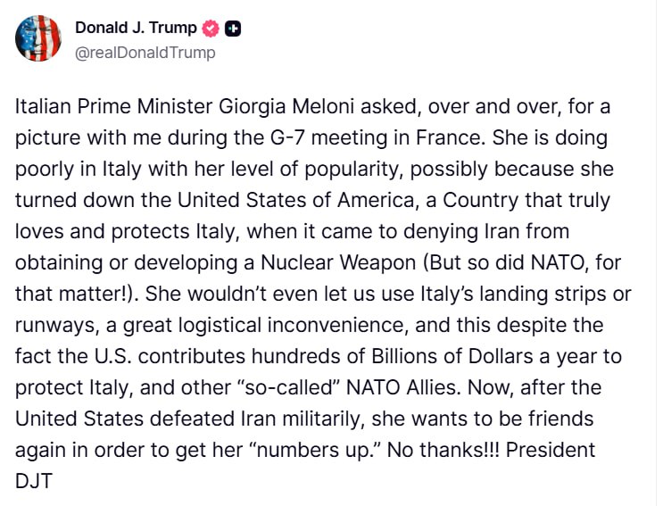 Трамп обвинил Мелони в отказе поддержать США по Ирану на саммите G7