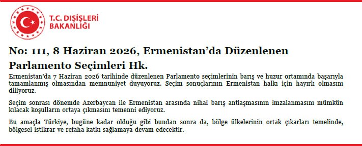 МИД Турции приветствовал парламентские выборы в Армении 7 июня 2026 года